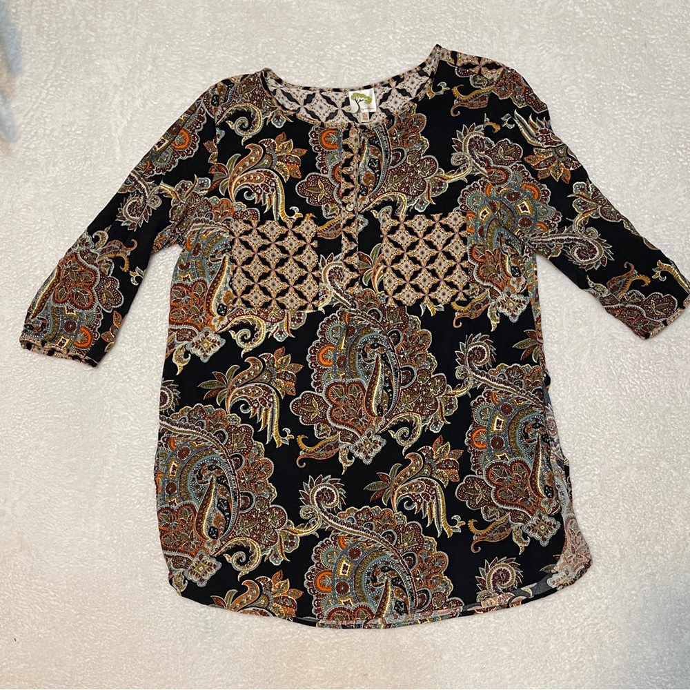 Anthropologie‎ Fig & Flower Boho Peasant Multi Color Paisley Tunic Blouse 2X